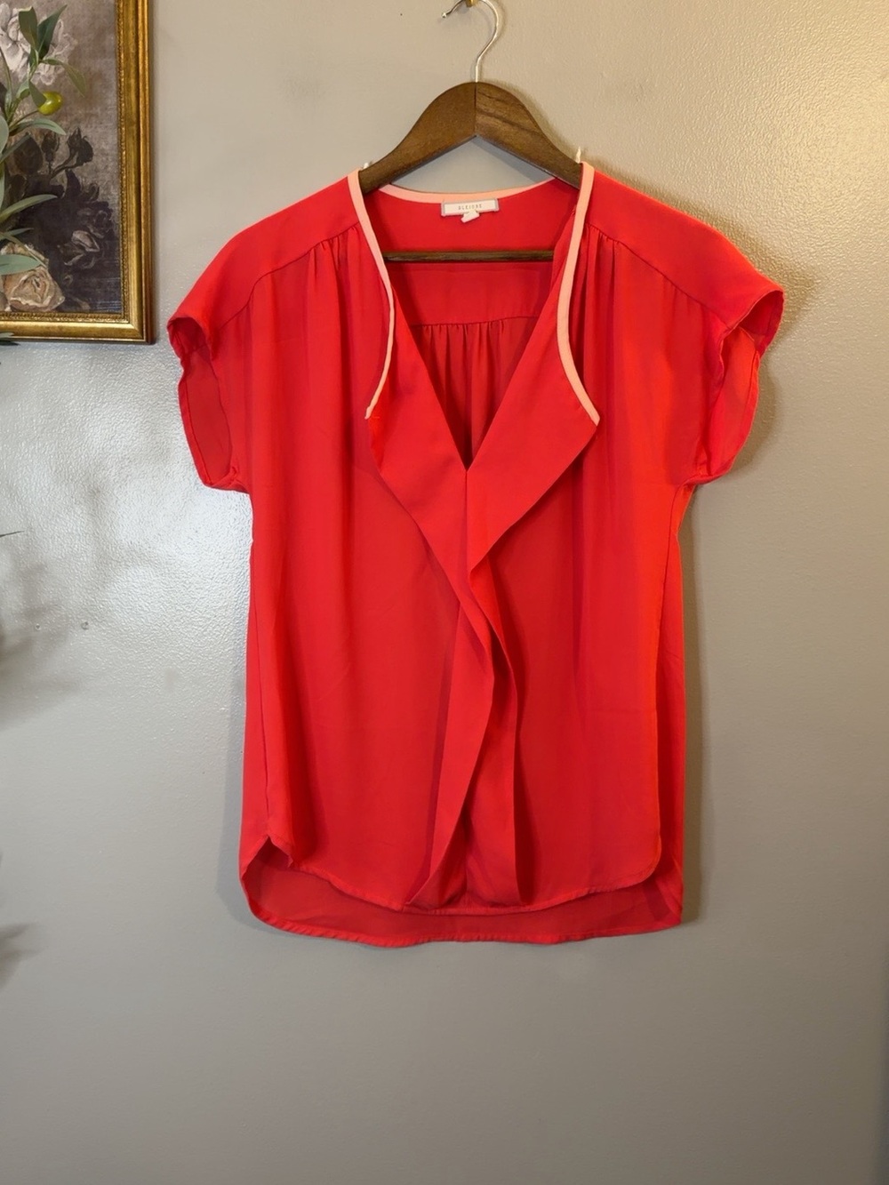 Pleione XS Coral Red Draped Waterfall Blouse Short Sleeve Made USA - Picture 4 of 8